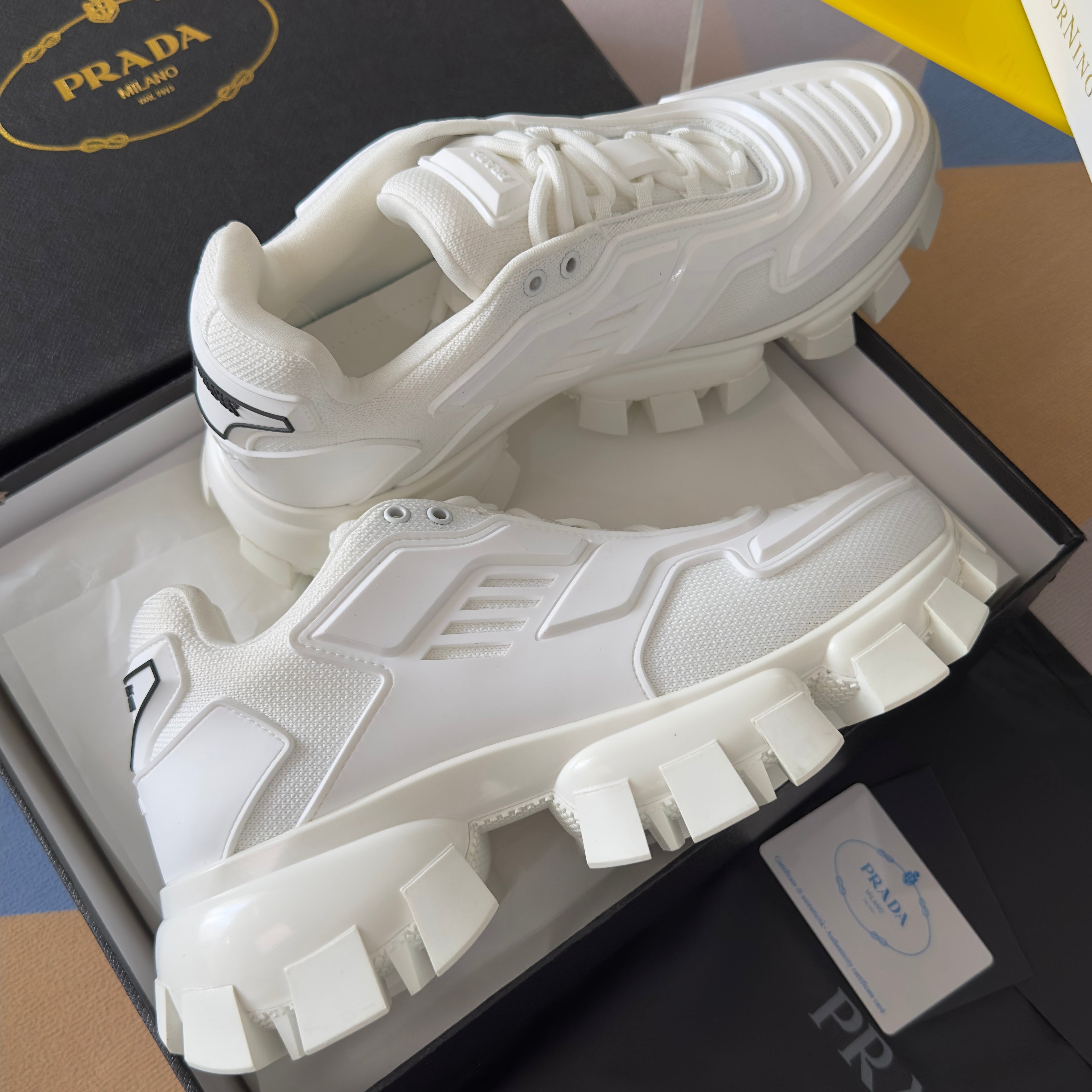 PRADA 26S CLOUDBUST THUNDER SNEAKERS 60MM IN WHITE MESH FABRIC AND TPU