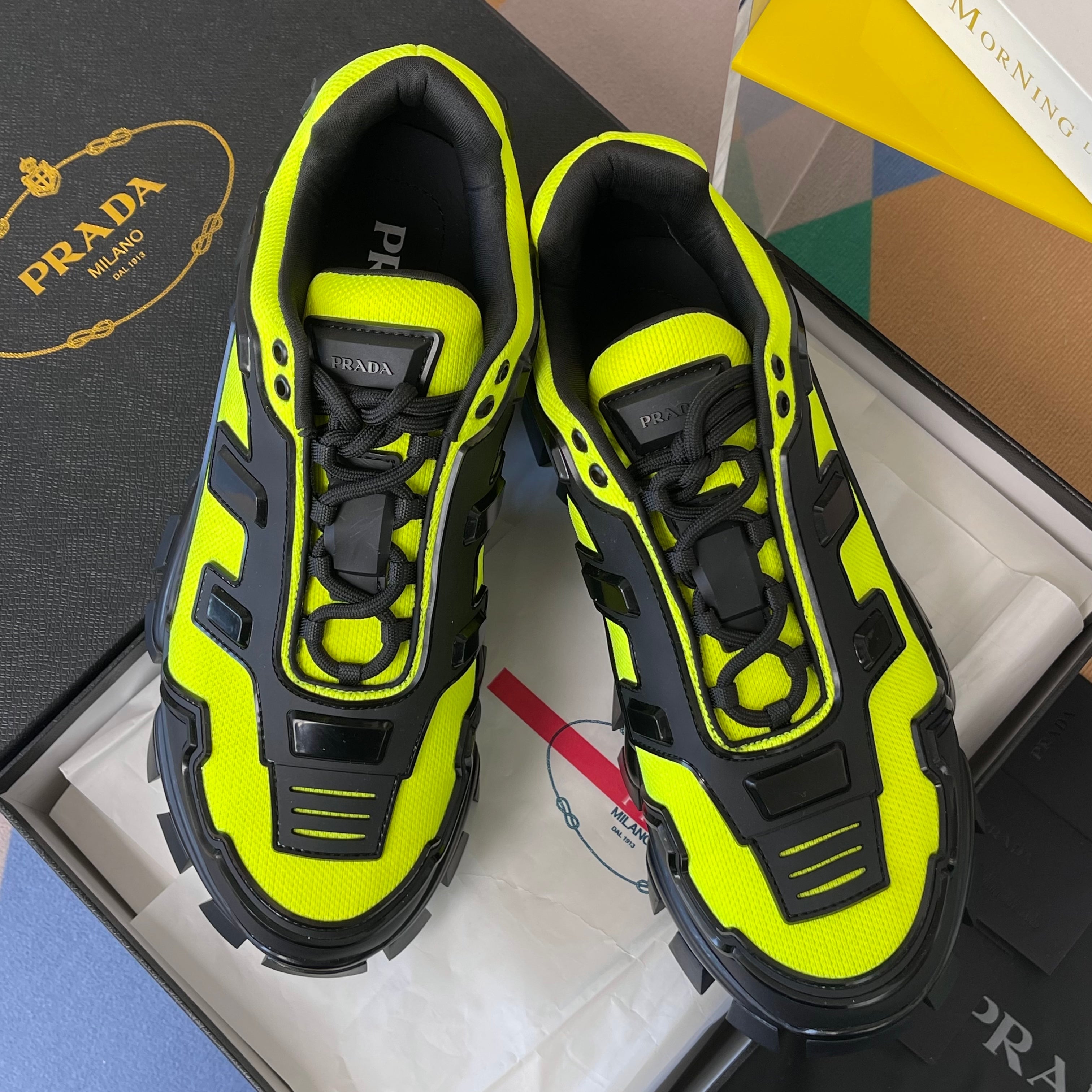PRADA 26S CLOUDBUST THUNDER SNEAKERS 60MM IN LIME YELLOW MESH FABRIC