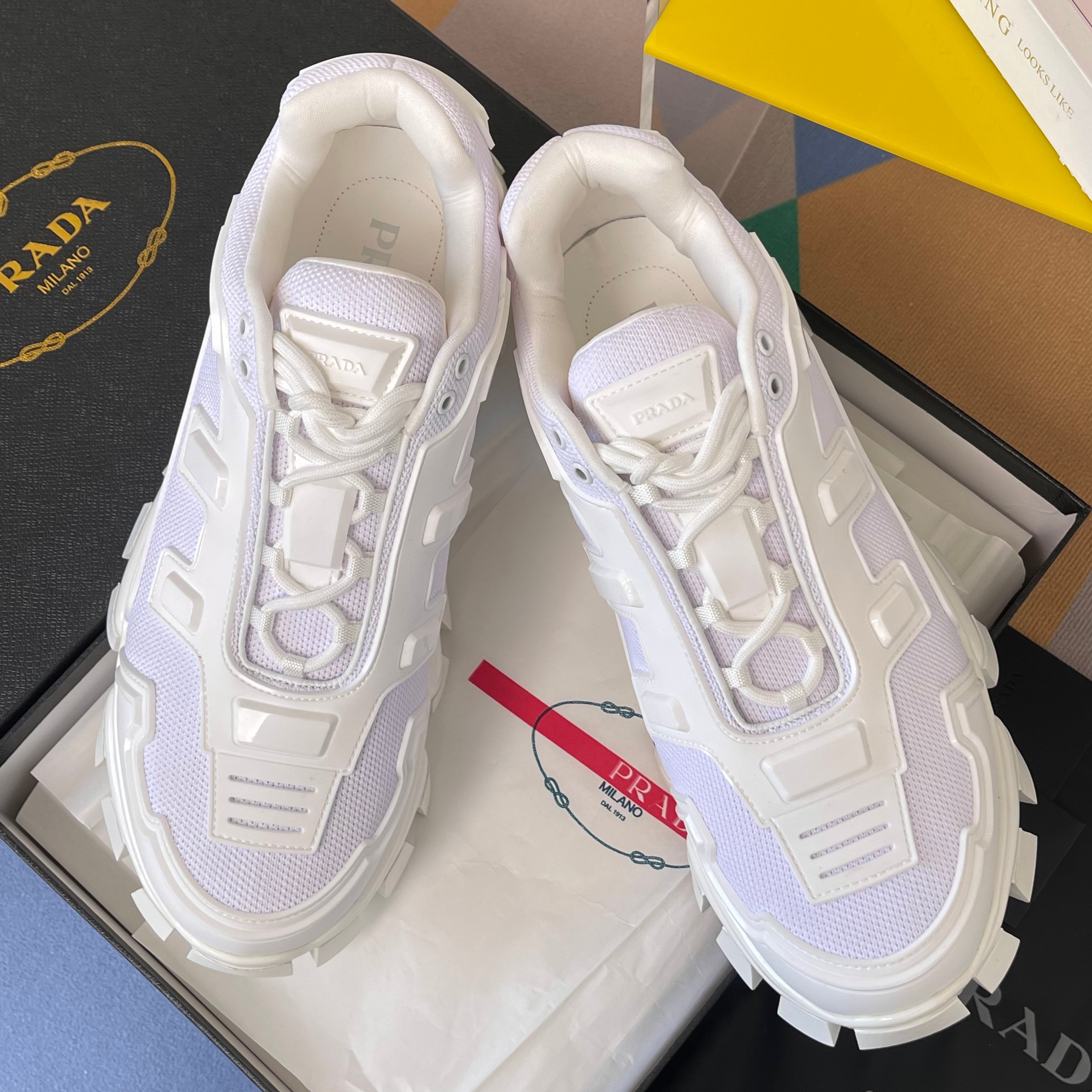 PRADA 26S CLOUDBUST THUNDER SNEAKERS 60MM IN WHITE MESH FABRIC