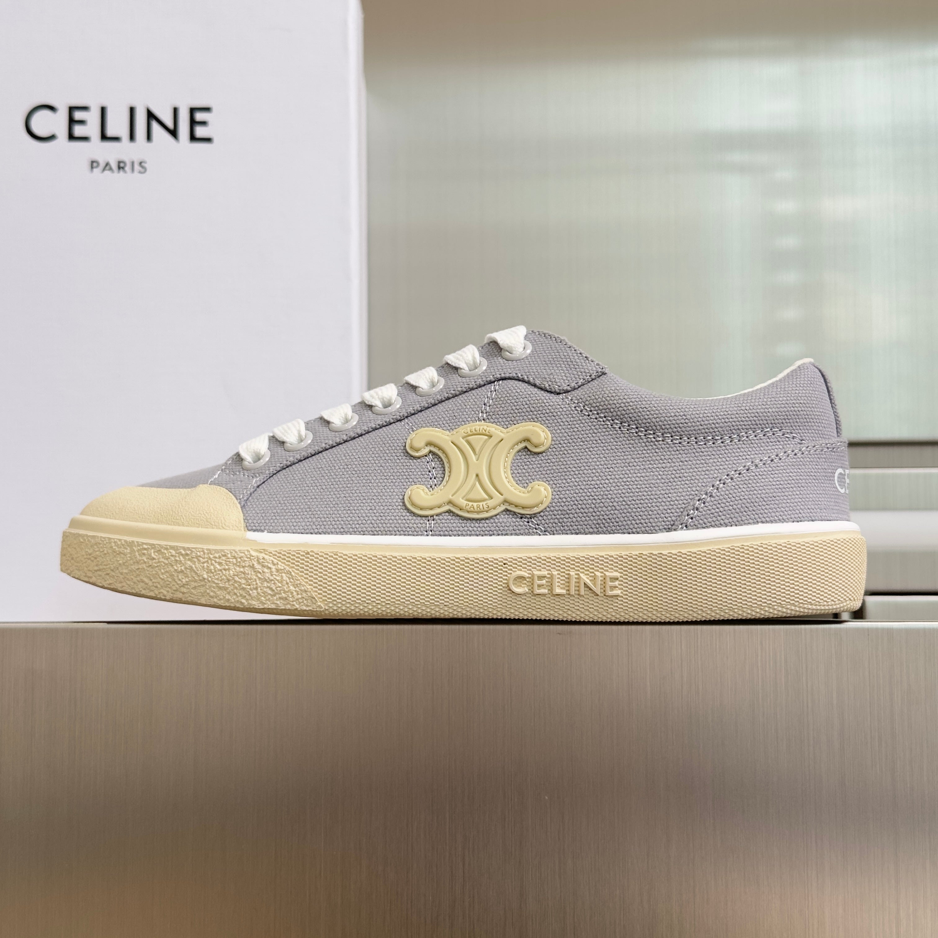 CELINE 26S LACE-UP SNEAKERS IN LIGHT GRAY CANVAS