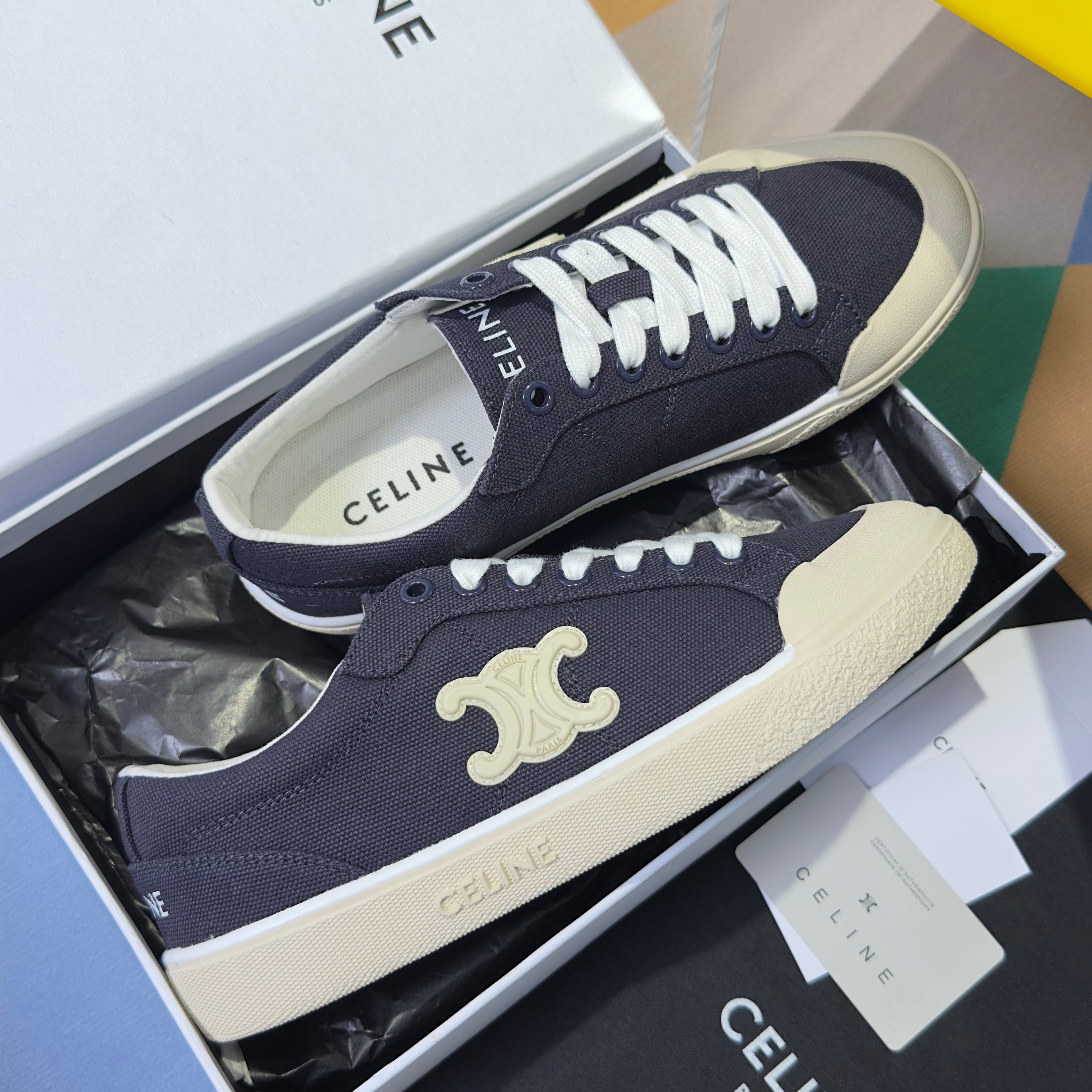 CELINE 26S LACE-UP SNEAKERS IN NAVY BLUE CANVAS