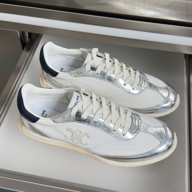 CELINE 26S RACER SNEAKERS IN WHITE FABRIC AND SILVER CALFSKIN