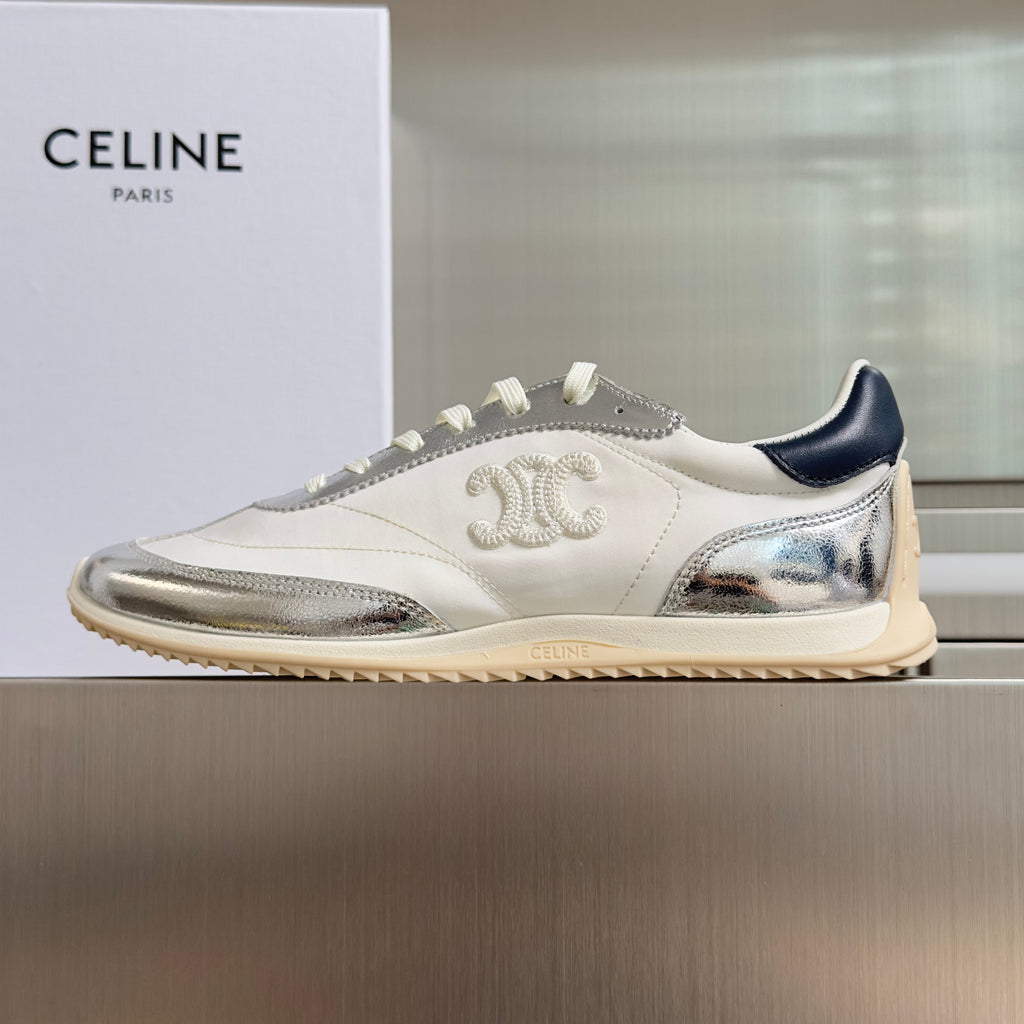 CELINE 26S RACER SNEAKERS IN WHITE FABRIC AND SILVER CALFSKIN