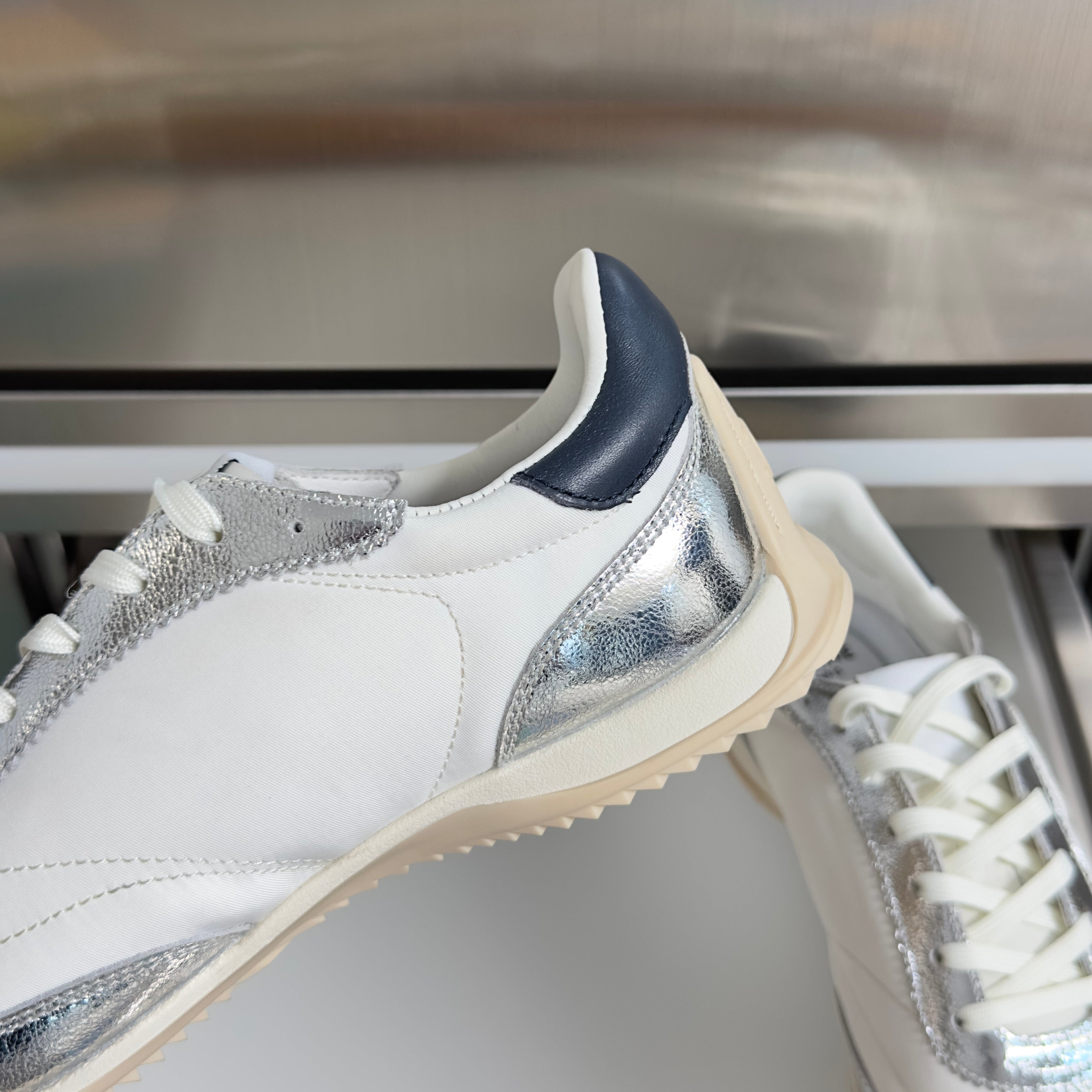 CELINE 26S RACER SNEAKERS IN WHITE FABRIC AND SILVER CALFSKIN