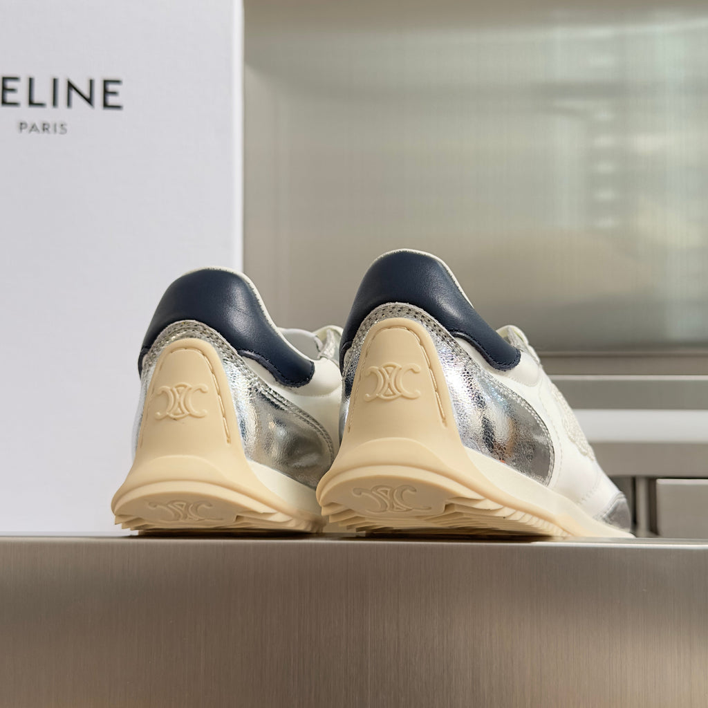 CELINE 26S RACER SNEAKERS IN WHITE FABRIC AND SILVER CALFSKIN