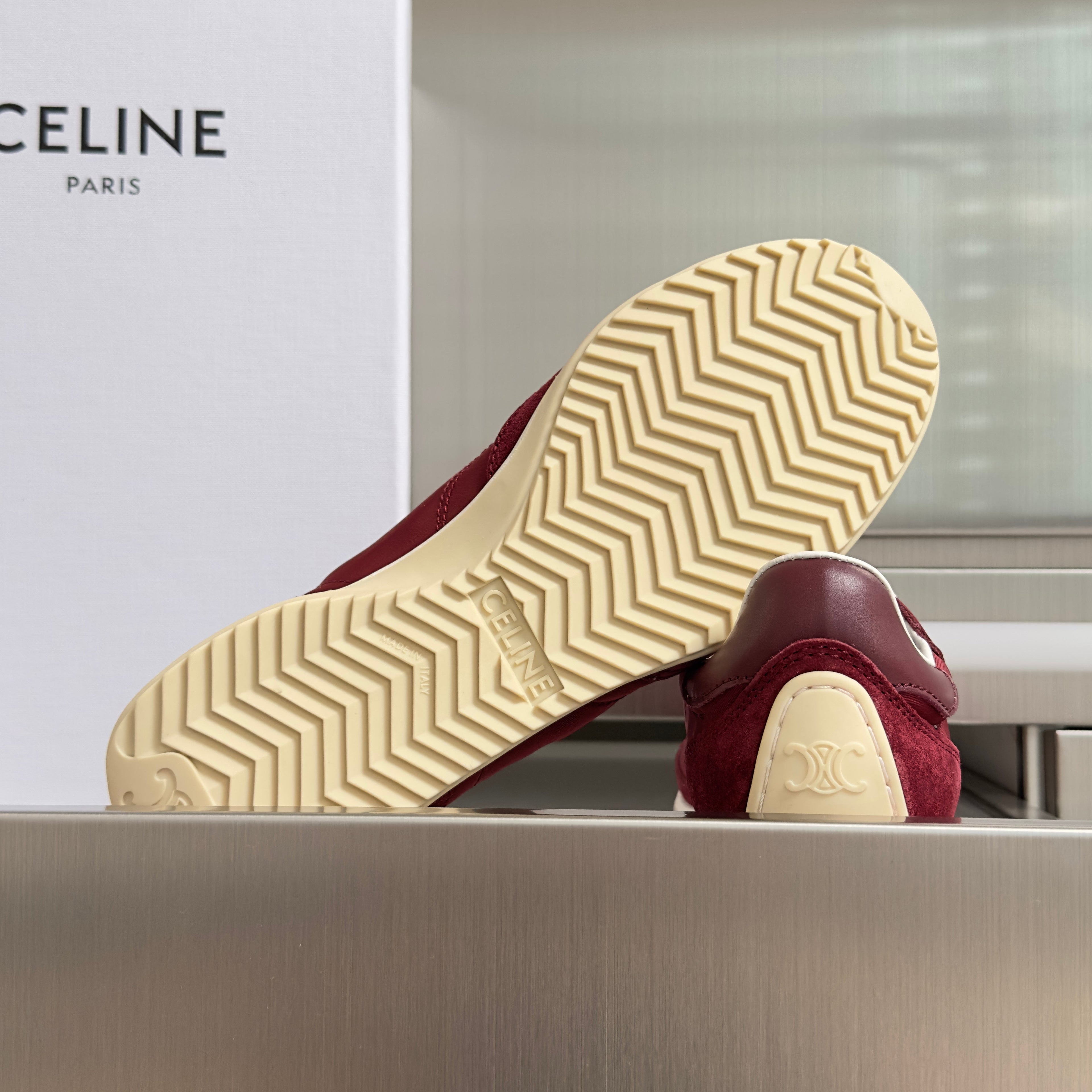CELINE 26S RACER SNEAKERS IN DARK RED FABRIC AND SUEDE
