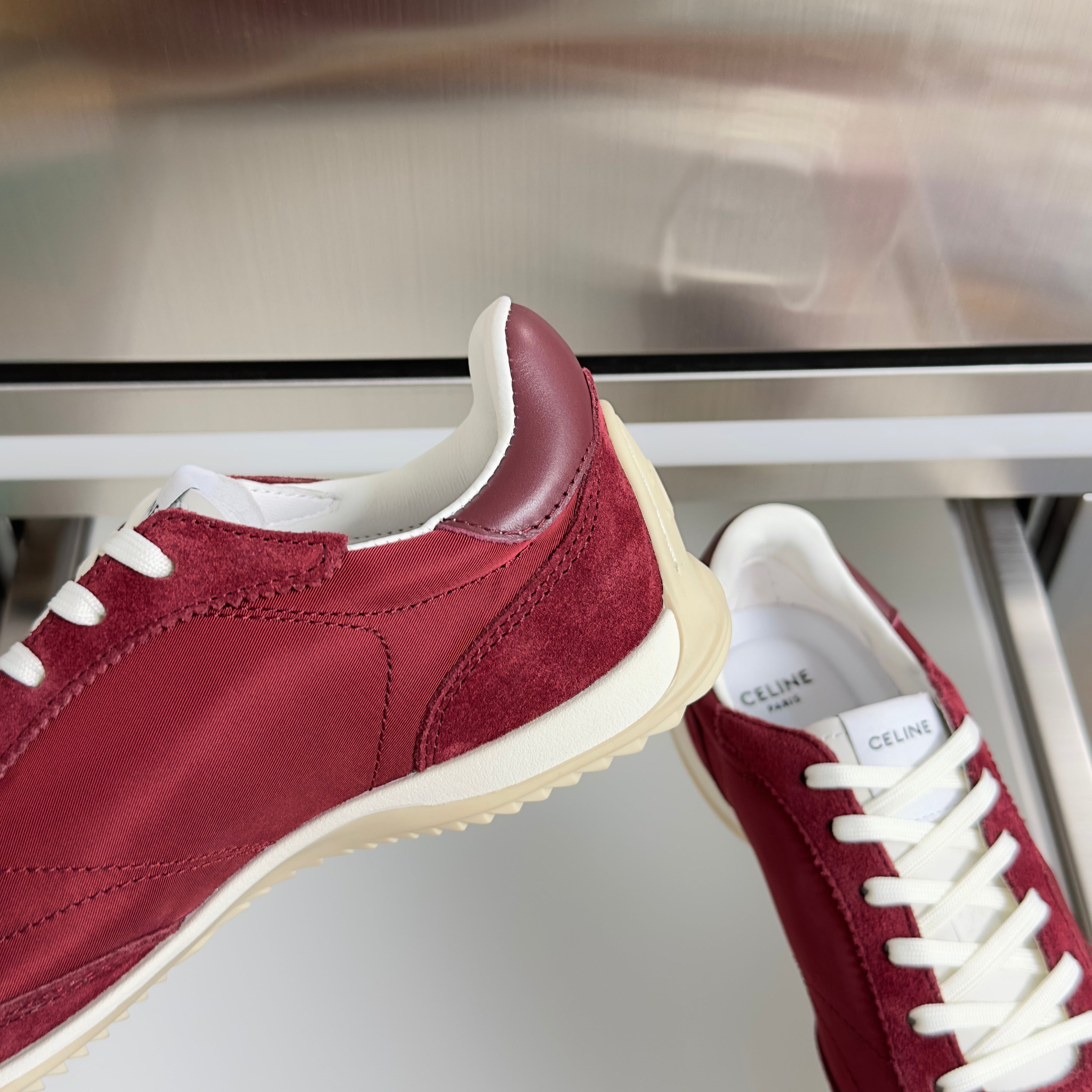 CELINE 26S RACER SNEAKERS IN DARK RED FABRIC AND SUEDE