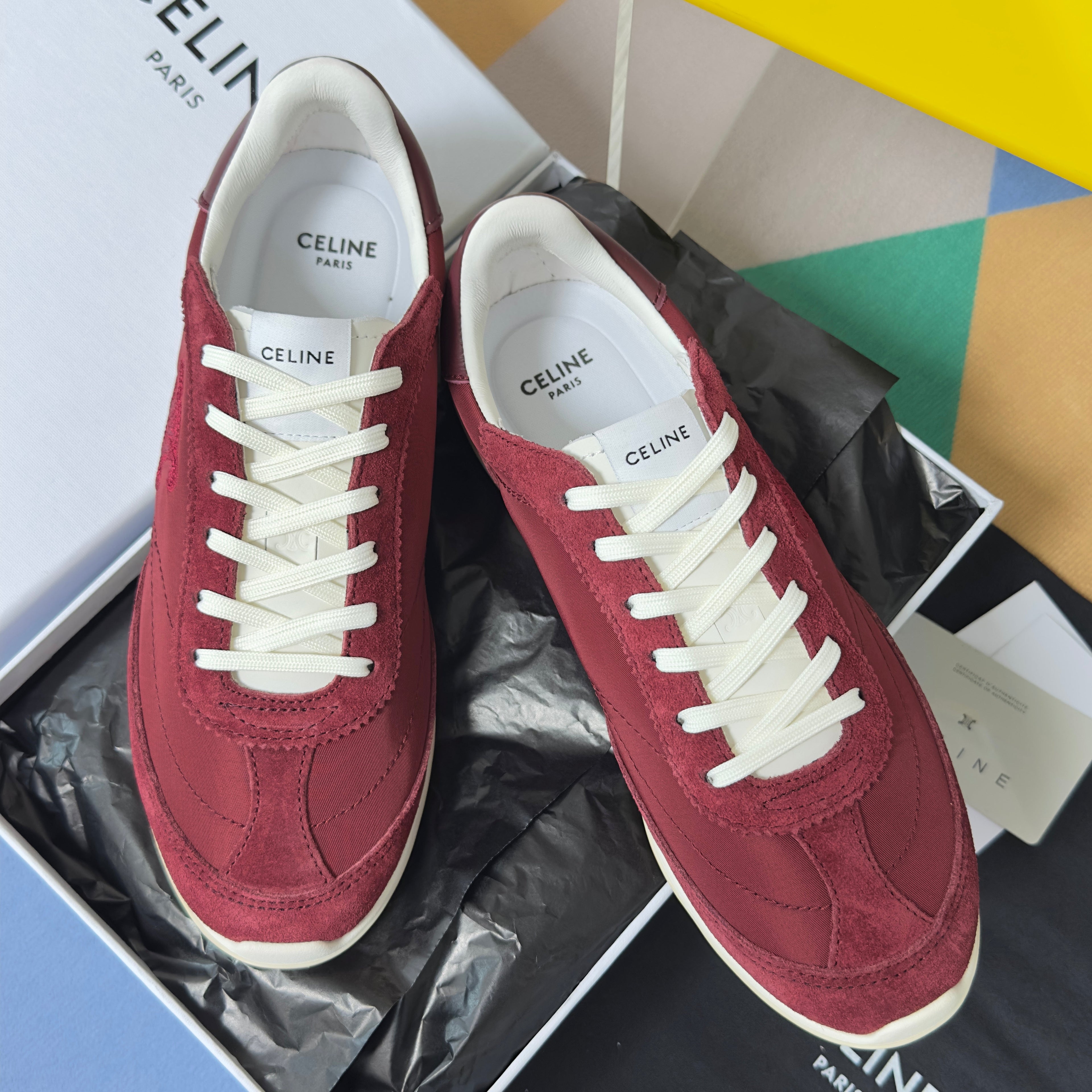 CELINE 26S RACER SNEAKERS IN DARK RED FABRIC AND SUEDE