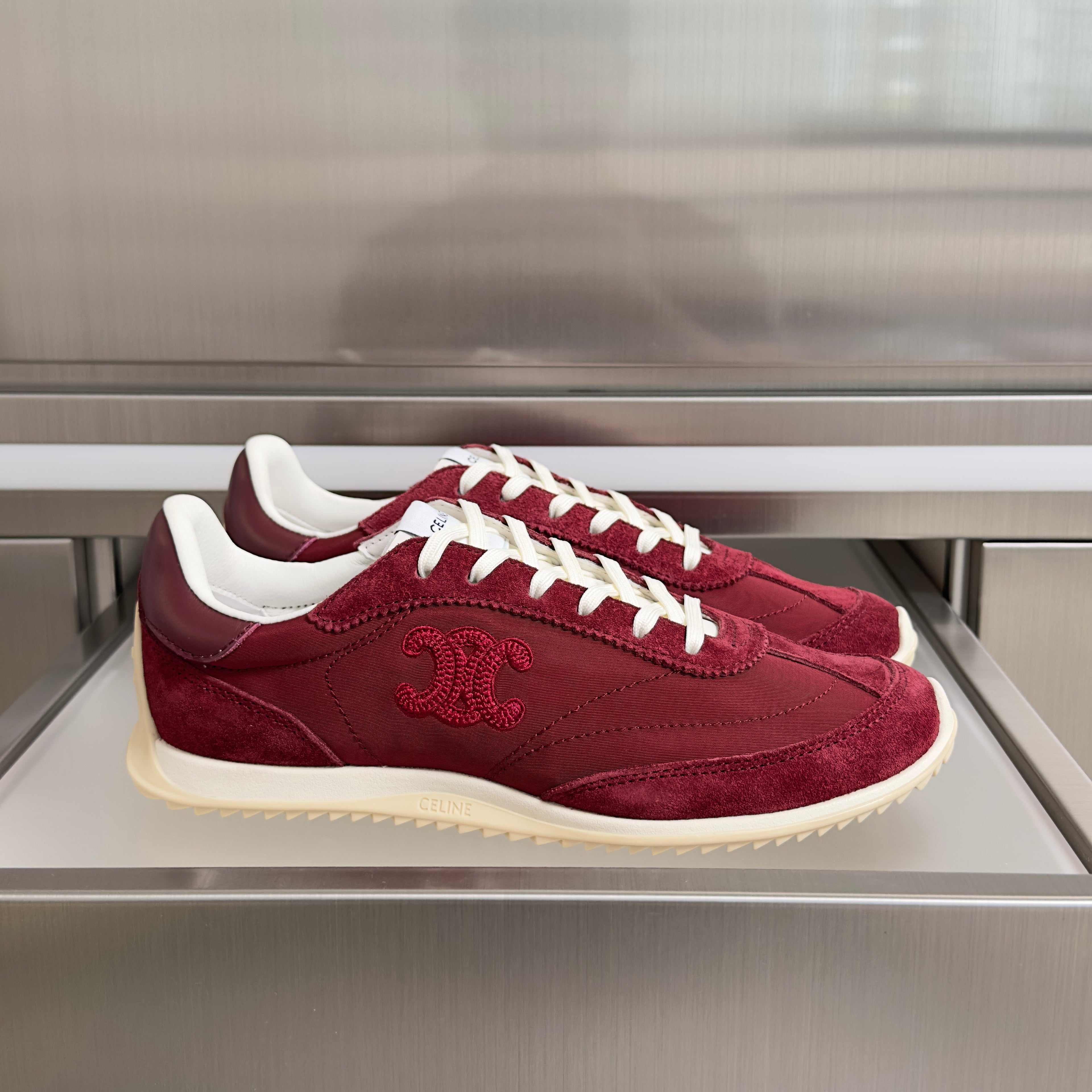 CELINE 26S RACER SNEAKERS IN DARK RED FABRIC AND SUEDE