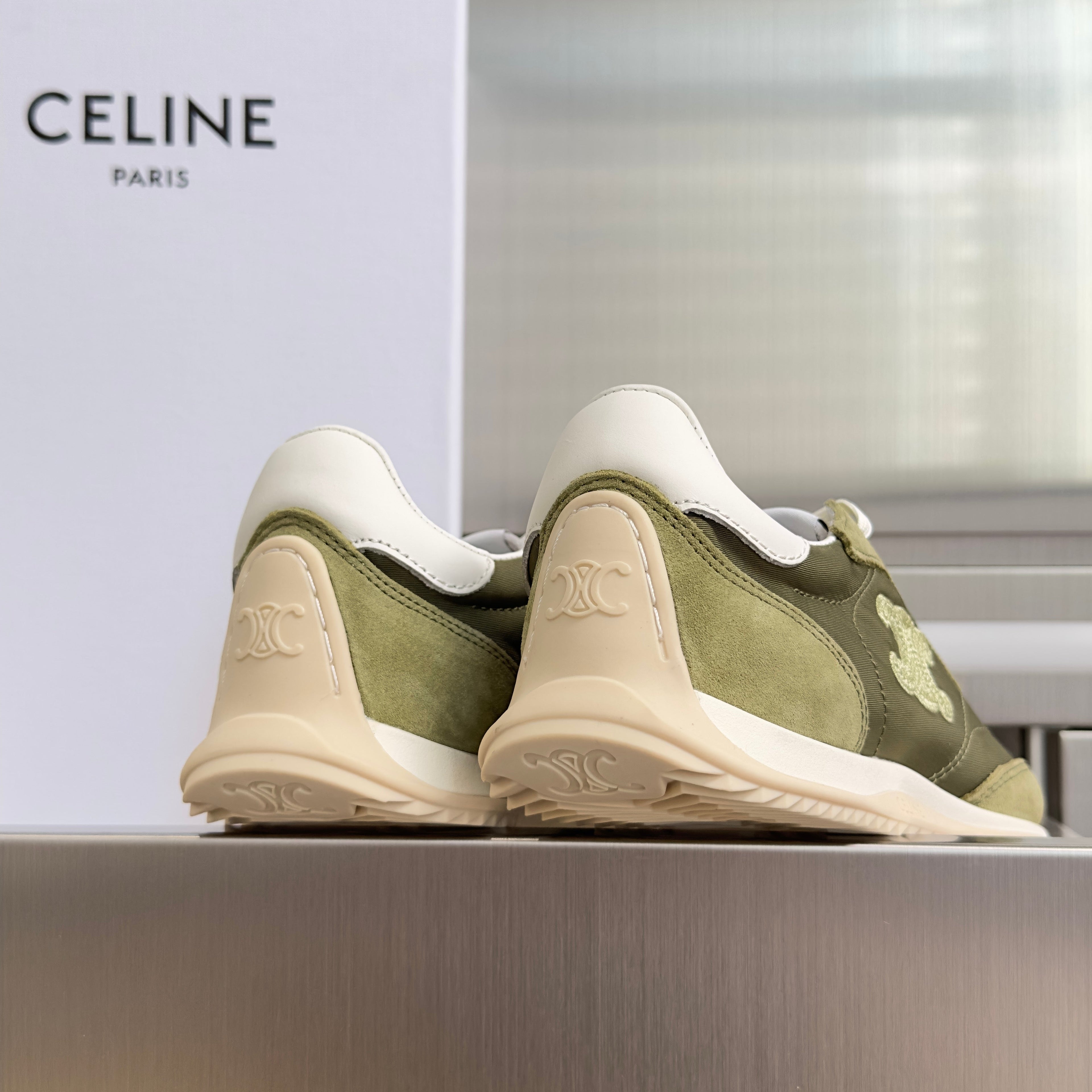 CELINE 26S RACER SNEAKERS IN MOSS GREEN FABRIC AND SUEDE