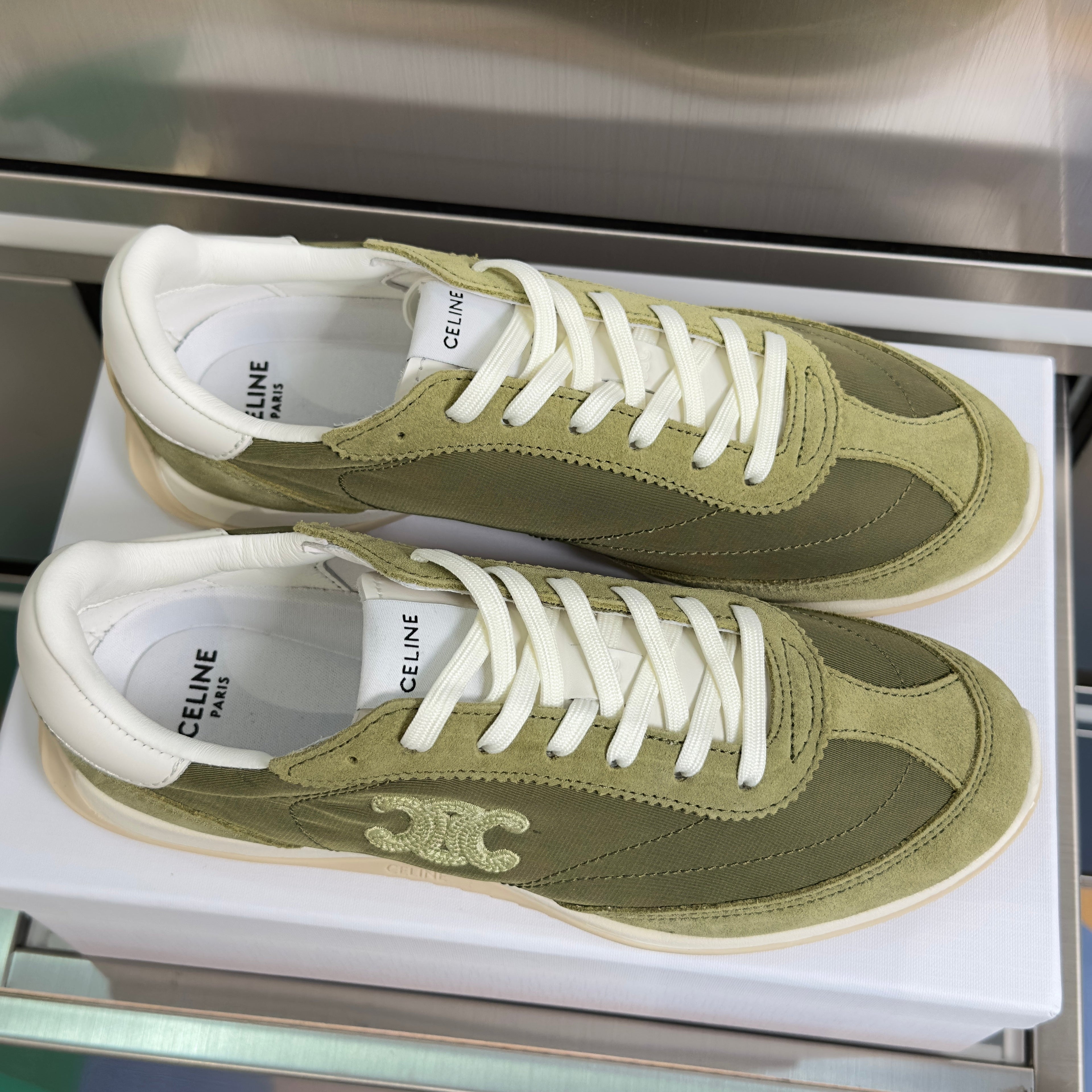 CELINE 26S RACER SNEAKERS IN MOSS GREEN FABRIC AND SUEDE