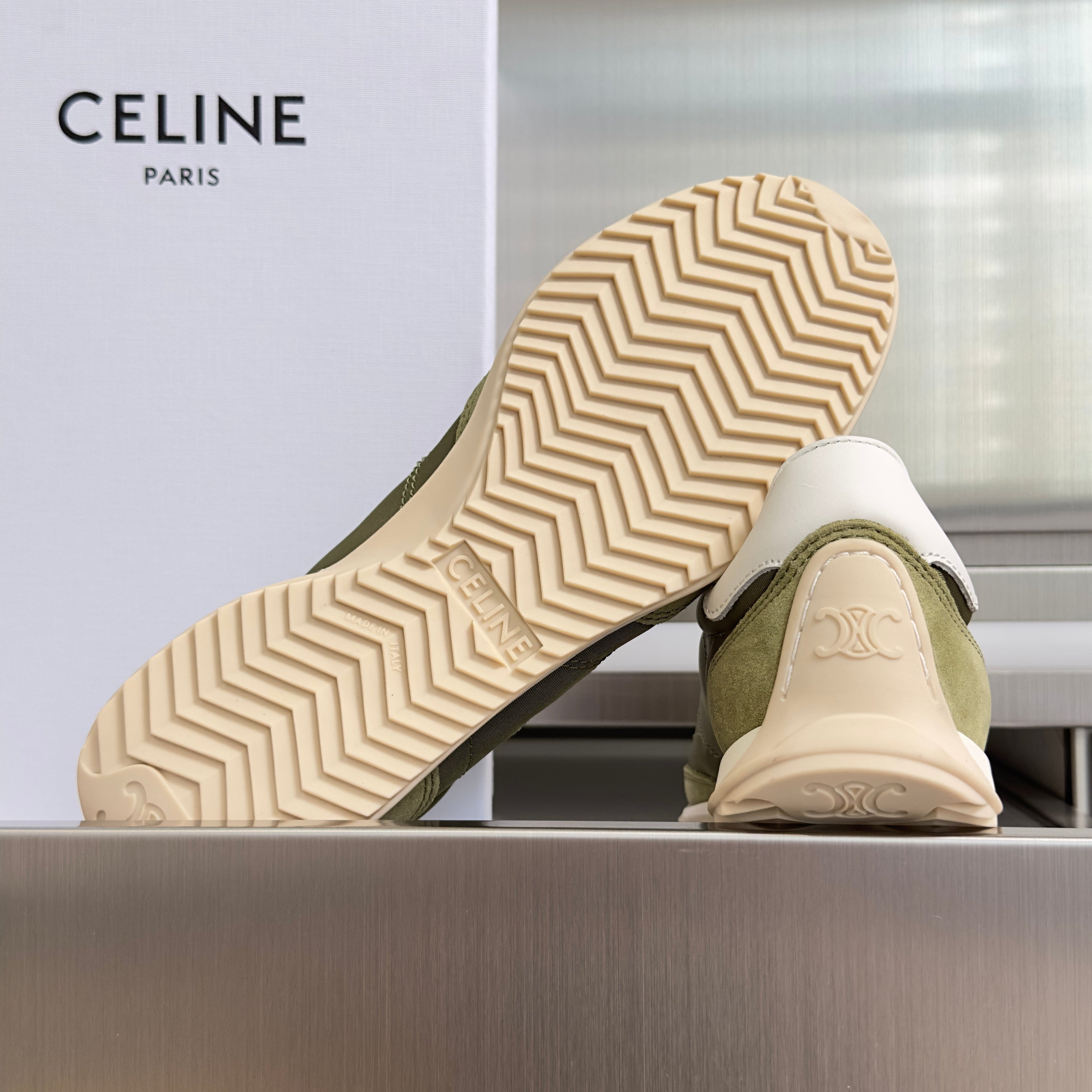 CELINE 26S RACER SNEAKERS IN MOSS GREEN FABRIC AND SUEDE