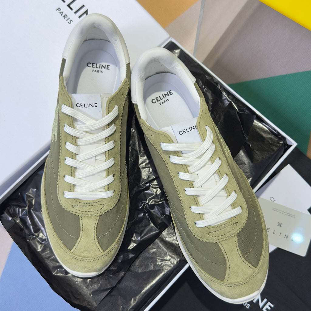 CELINE 26S RACER SNEAKERS IN MOSS GREEN FABRIC AND SUEDE