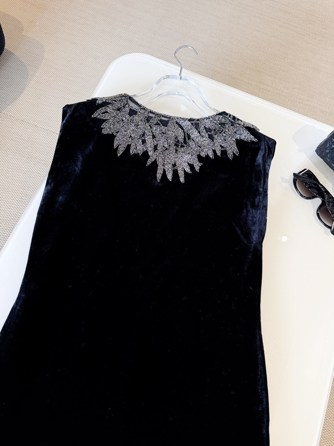 DIOR 25S EMBELLISHED-NECK BLACK VELVET DRESS 722