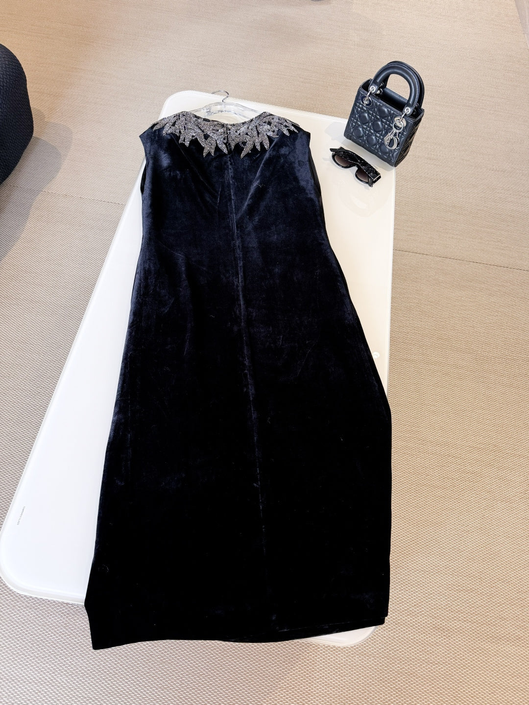 DIOR 25S EMBELLISHED-NECK BLACK VELVET DRESS 722