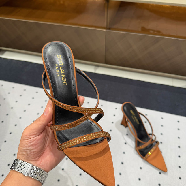 HIGH CRYSTAL STRAP SANDALS IN SANDSTONE SILK