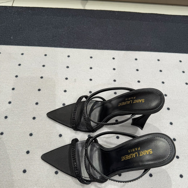 HIGH CRYSTAL STRAP SANDALS IN BLACK SILK