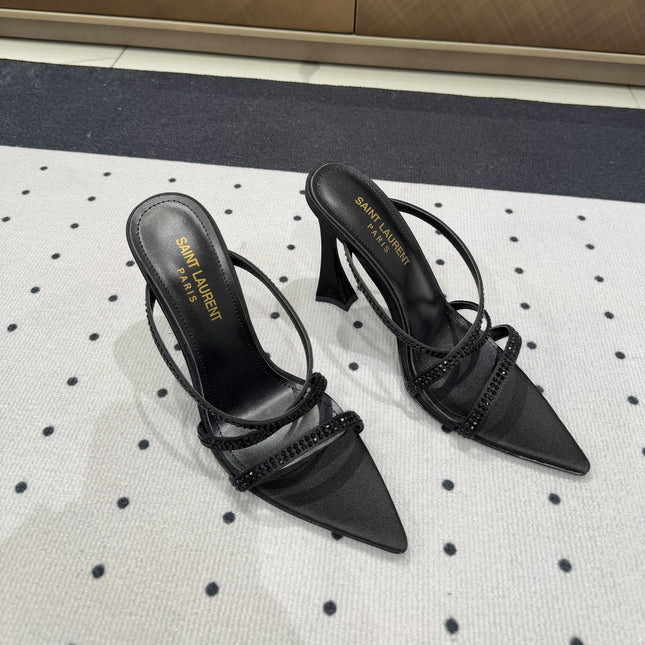 HIGH CRYSTAL STRAP SANDALS IN BLACK SILK