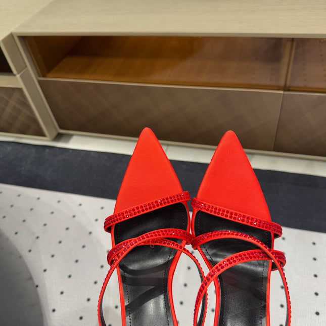 HIGH CRYSTAL STRAP SANDALS IN RED SILK
