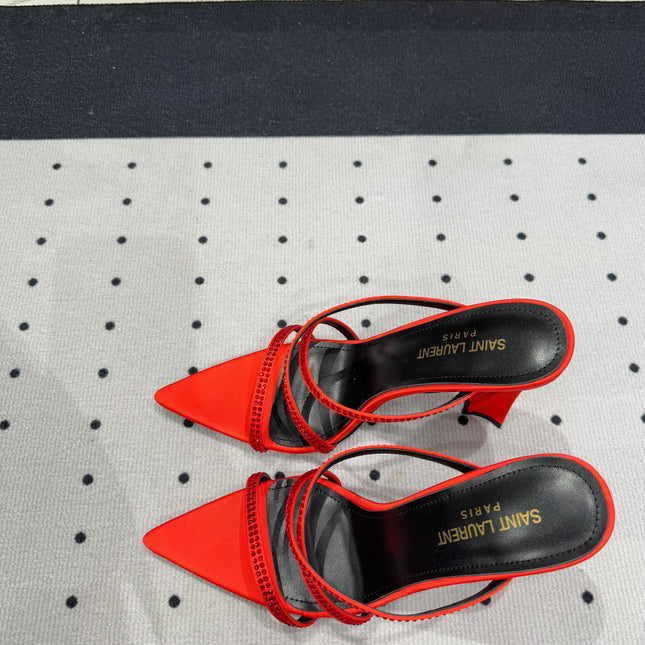 HIGH CRYSTAL STRAP SANDALS IN RED SILK