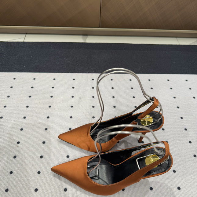 L'ENTRACTE SLINGBACK PUMPS IN BRONZE BROWN SATIN