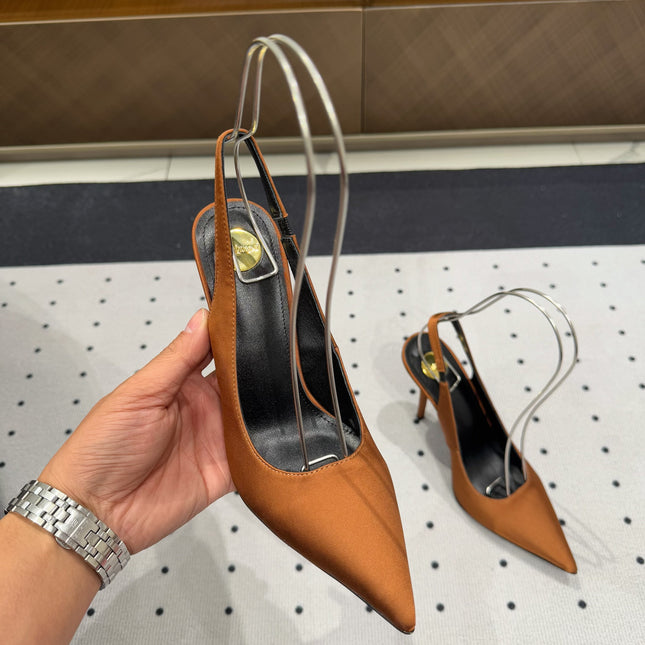 L'ENTRACTE SLINGBACK PUMPS IN BRONZE BROWN SATIN