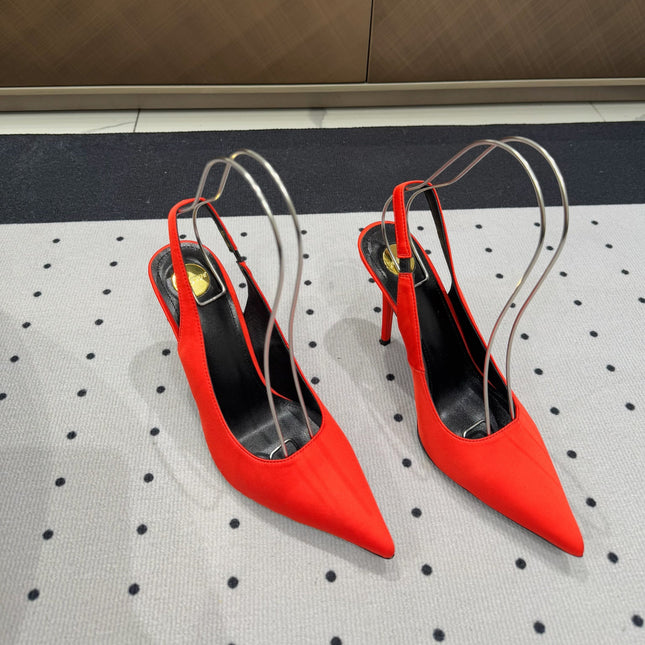 L'ENTRACTE SLINGBACK PUMPS IN RED SATIN
