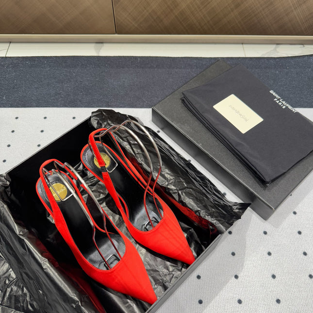 L'ENTRACTE SLINGBACK PUMPS IN RED SATIN
