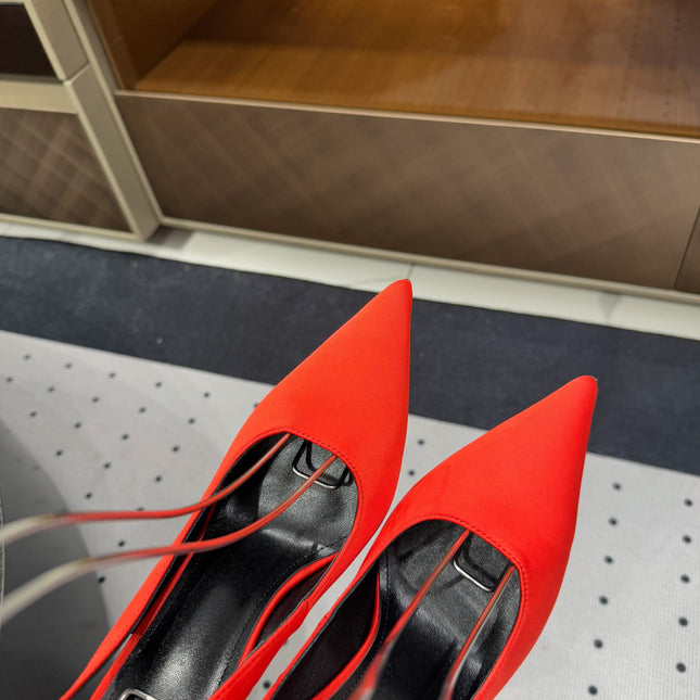 L'ENTRACTE SLINGBACK PUMPS IN RED SATIN