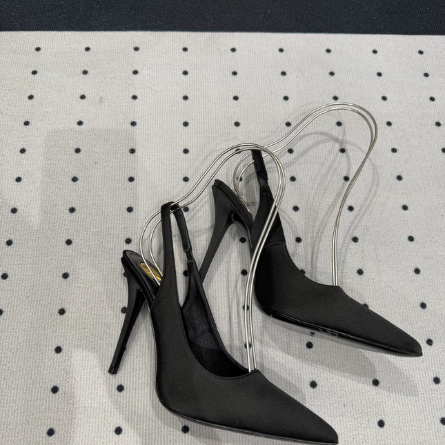 L'ENTRACTE SLINGBACK PUMPS IN BLACK SATIN
