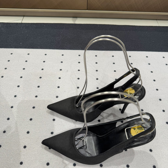 L'ENTRACTE SLINGBACK PUMPS IN BLACK SATIN