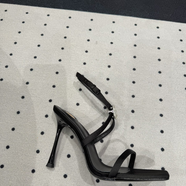 HIGH HEEL SANDALS IN BLACK SILK WTH STRAPS ATTACHED GEM