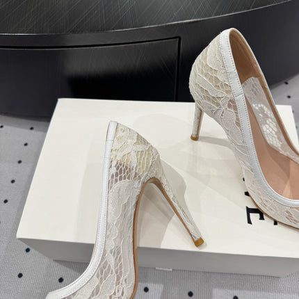 GIANVITO ROSSI 26S HIGH HEELS 105 MM IN WHITE LACE FABRIC