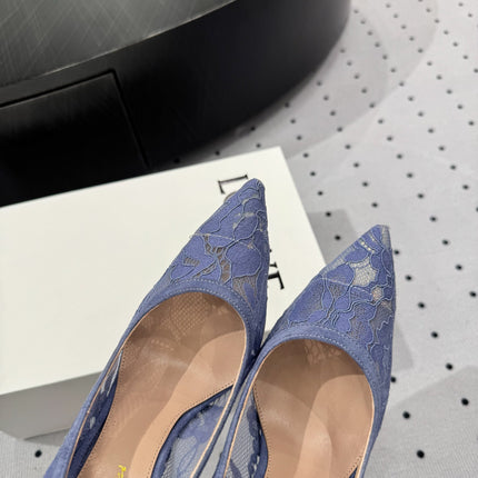 GIANVITO ROSSI 26S HIGH HEELS 105 MM IN PERIWINKLE BLUE LACE FABRIC