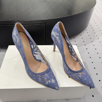 GIANVITO ROSSI 26S HIGH HEELS 105 MM IN PERIWINKLE BLUE LACE FABRIC
