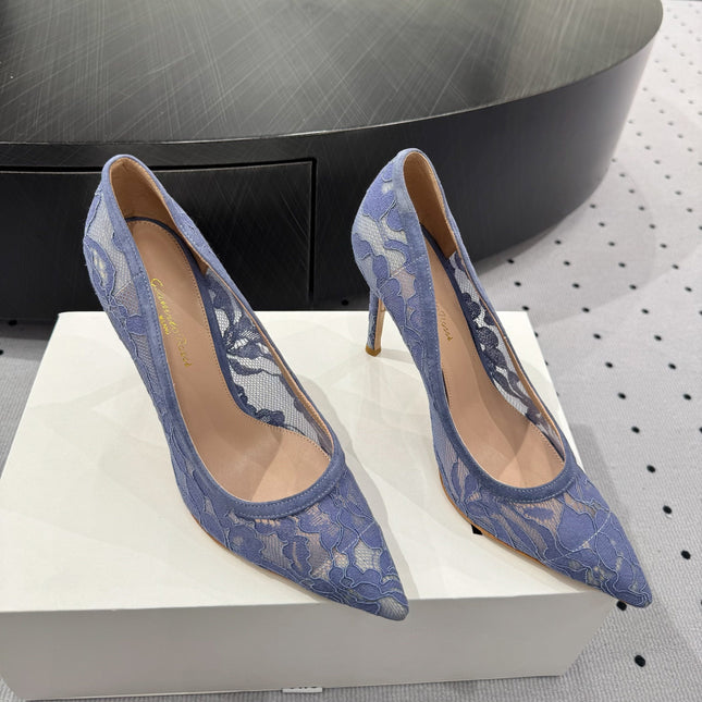 GIANVITO ROSSI 26S HIGH HEELS 105 MM IN PERIWINKLE BLUE LACE FABRIC