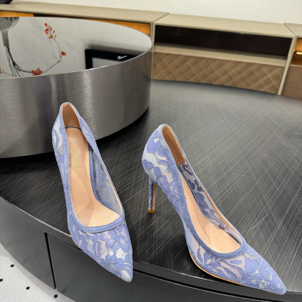 GIANVITO ROSSI 26S HIGH HEELS 105 MM IN PERIWINKLE BLUE LACE FABRIC