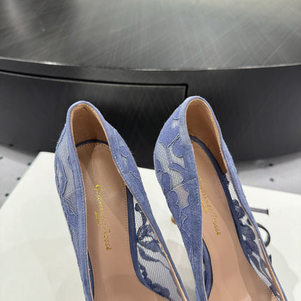 GIANVITO ROSSI 26S HIGH HEELS 105 MM IN PERIWINKLE BLUE LACE FABRIC