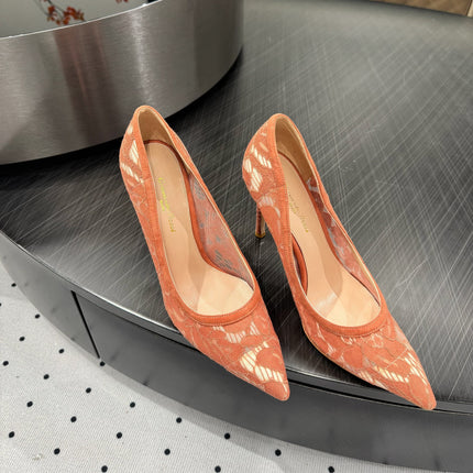 GIANVITO ROSSI 26S HIGH HEELS 105 MM IN PEACH ORANGE LACE FABRIC