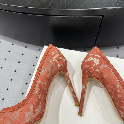 GIANVITO ROSSI 26S HIGH HEELS 105 MM IN PEACH ORANGE LACE FABRIC