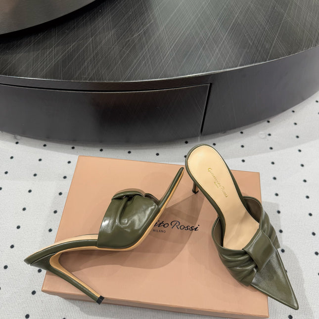 GIANVITO ROSSI 26S KNOTTED STRAP SANDALS 105 MM IN MOSS GREEN LAMBSKIN