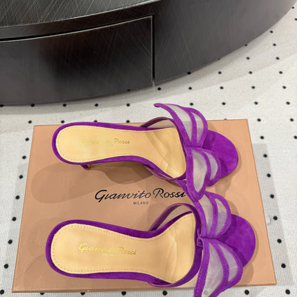 GIANVITO ROSSI 26S BUTTERFLY HIGH-HEEL SANDALS 80 MM IN DARK PURPLE SUEDE