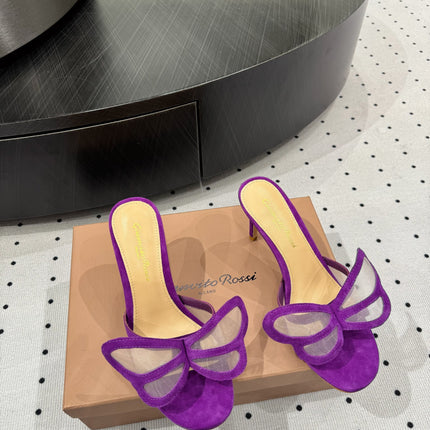 GIANVITO ROSSI 26S BUTTERFLY HIGH-HEEL SANDALS 80 MM IN DARK PURPLE SUEDE