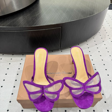 GIANVITO ROSSI 26S BUTTERFLY HIGH-HEEL SANDALS 80 MM IN DARK PURPLE SUEDE