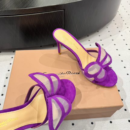 GIANVITO ROSSI 26S BUTTERFLY HIGH-HEEL SANDALS 80 MM IN DARK PURPLE SUEDE