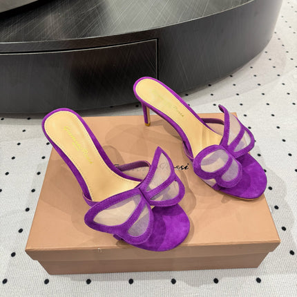 GIANVITO ROSSI 26S BUTTERFLY HIGH-HEEL SANDALS 80 MM IN DARK PURPLE SUEDE
