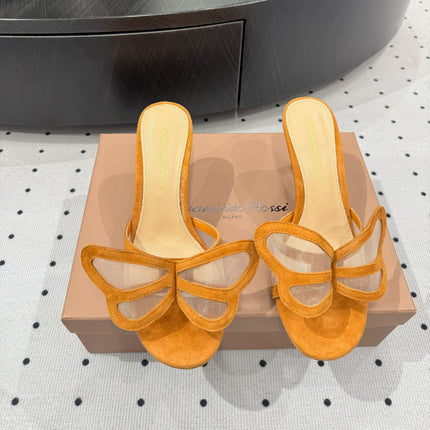 GIANVITO ROSSI 26S BUTTERFLY HIGH-HEEL SANDALS 80 MM IN DARK ORANGE SUEDE
