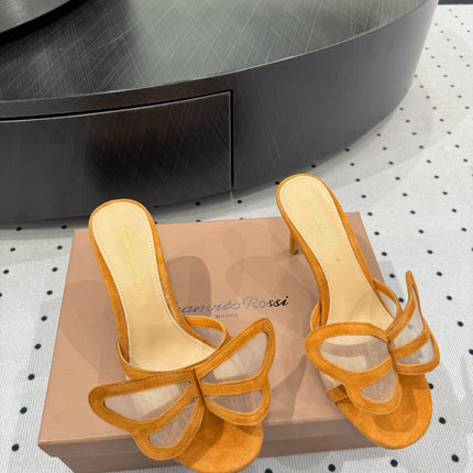 GIANVITO ROSSI 26S BUTTERFLY HIGH-HEEL SANDALS 80 MM IN DARK ORANGE SUEDE