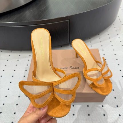 GIANVITO ROSSI 26S BUTTERFLY HIGH-HEEL SANDALS 80 MM IN DARK ORANGE SUEDE