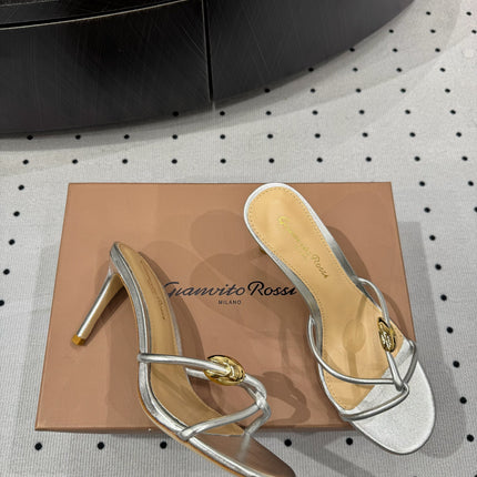 GIANVITO ROSSI 26S STRAPPY HEEL SANDALS 80 MM IN SILVER LAMBSKIN